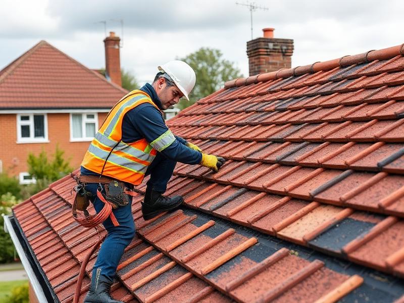 British roofer repairing roof tiles emergency repairs