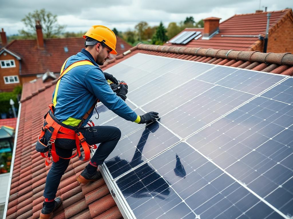 British roofer installing solar panels with safety equipment