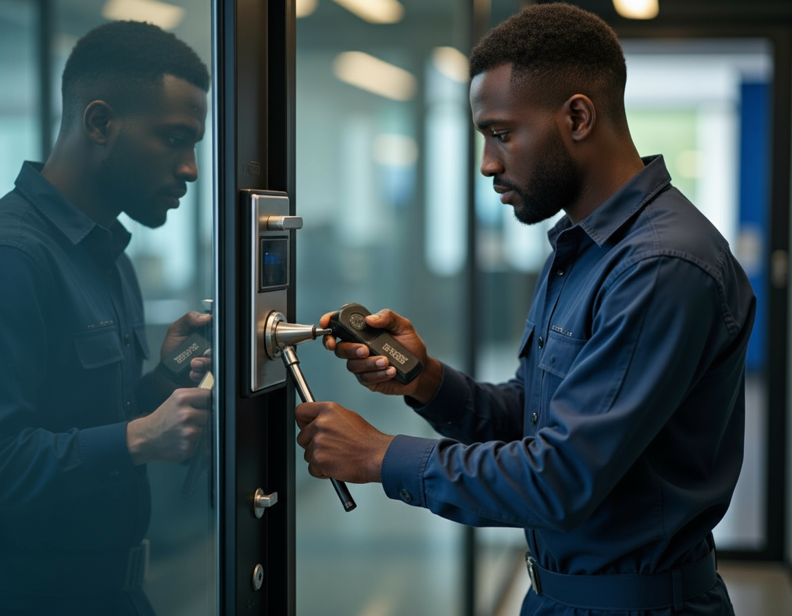 Professional locksmith working on electronic smart lock