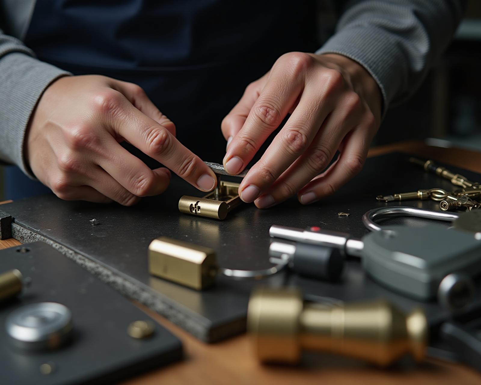 Locksmith working on analog lock mechanism with tools