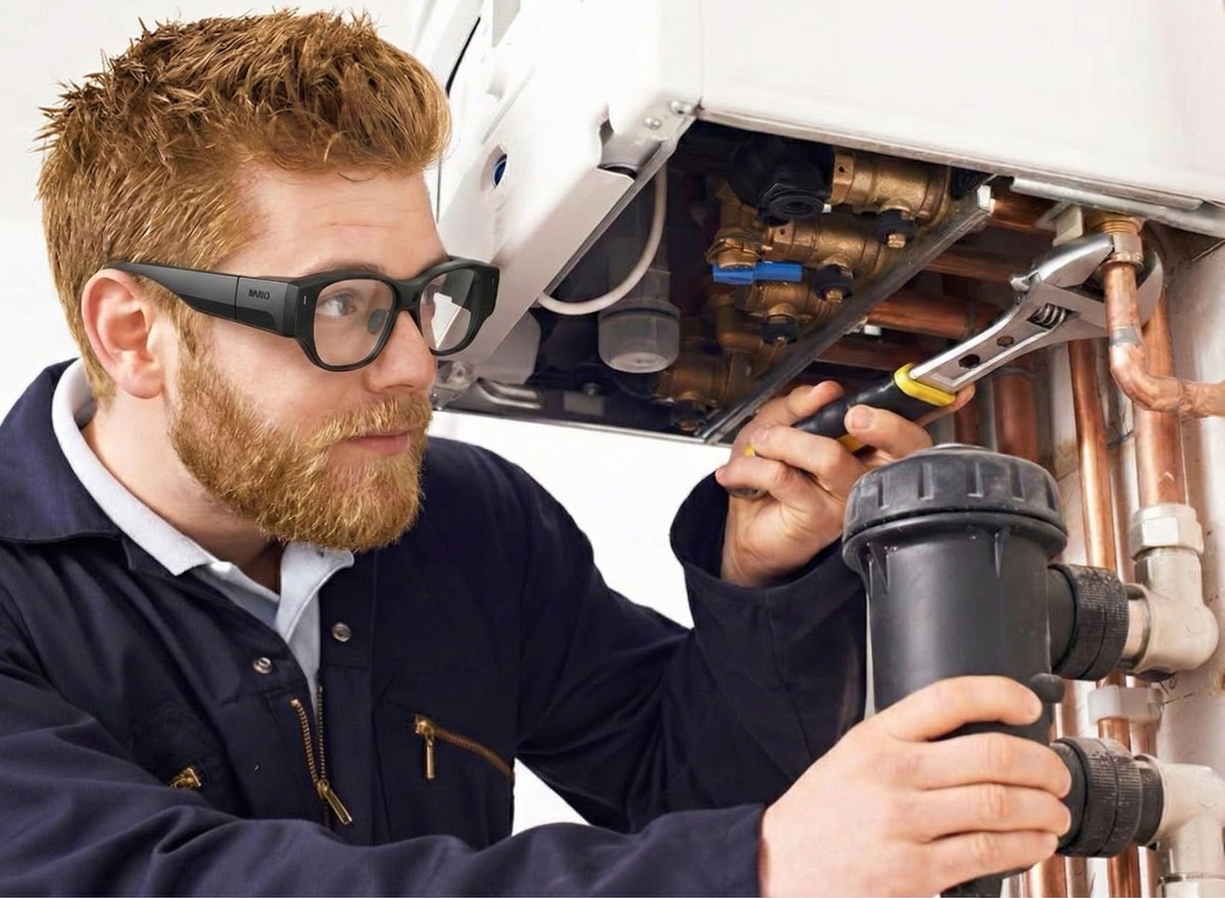 Engineer wearing INMO AR glasses servicing a boiler