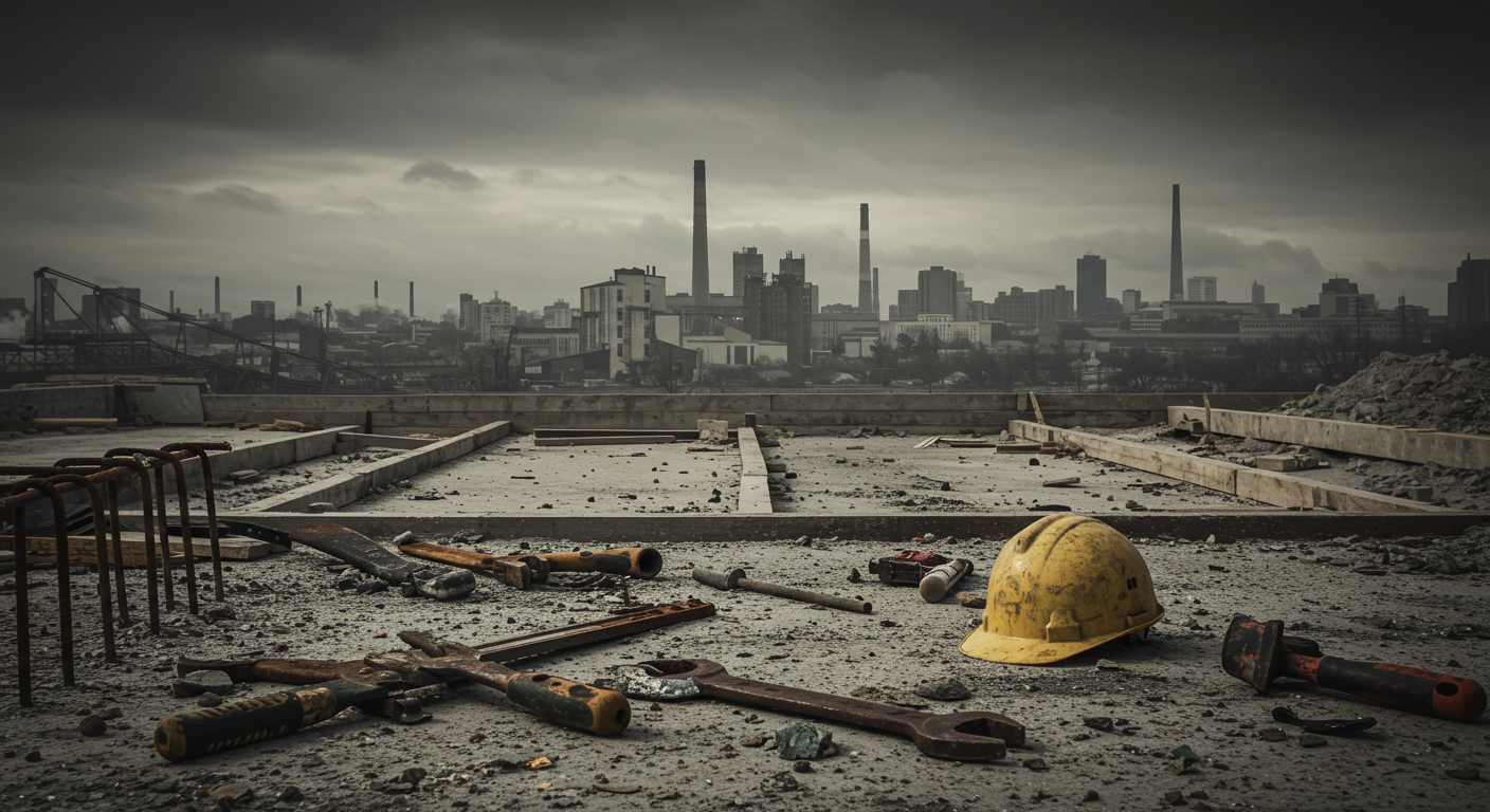 Construction site with scattered tools and equipment representing training challenges